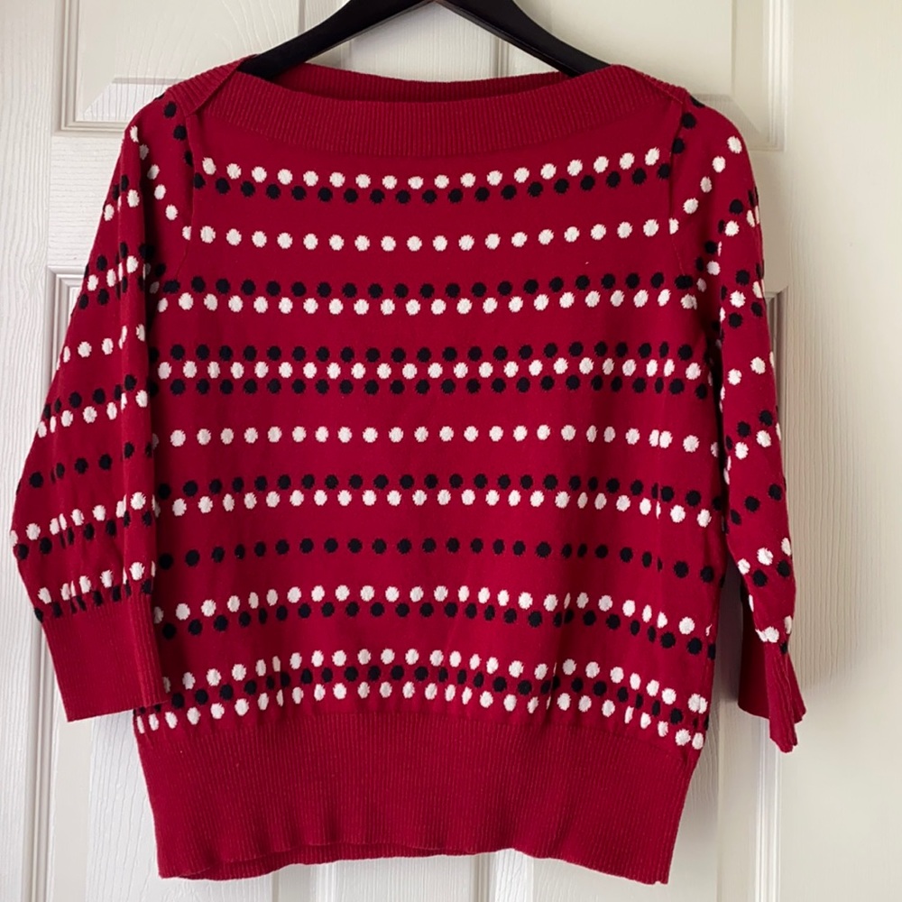 LizSport Red Blk/Wht Dots Boatneck 3/4 Slv Sweater